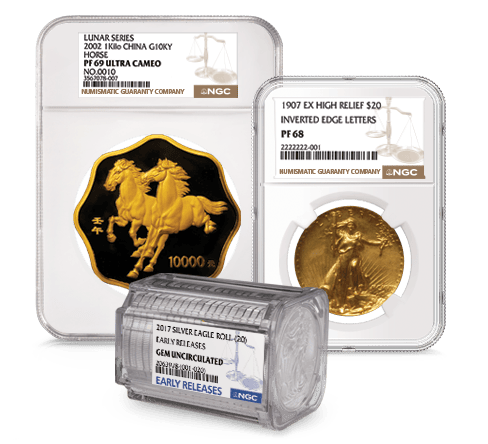 NGC-graded coins in holders